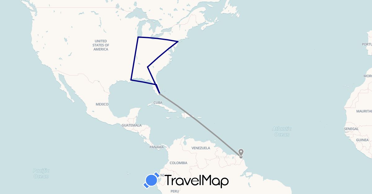 TravelMap itinerary: driving, plane in French Guiana, United States (North America, South America)